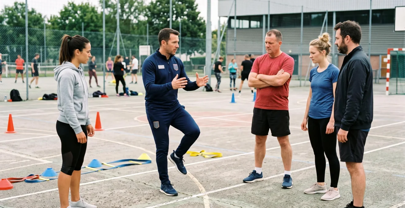 Coach sportif professionnel briefant un groupe de collaborateurs lors de la préparation d'un challenge d'entreprise