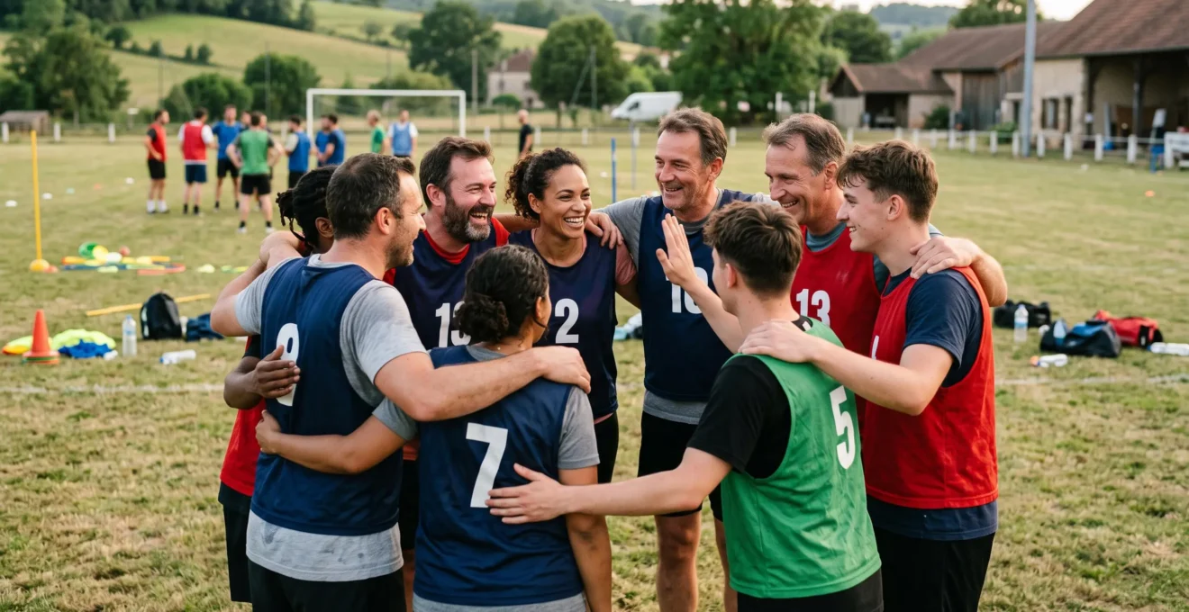 Collaborateurs rassemblés en cercle célébrant ensemble après avoir terminé une épreuve sportive collective