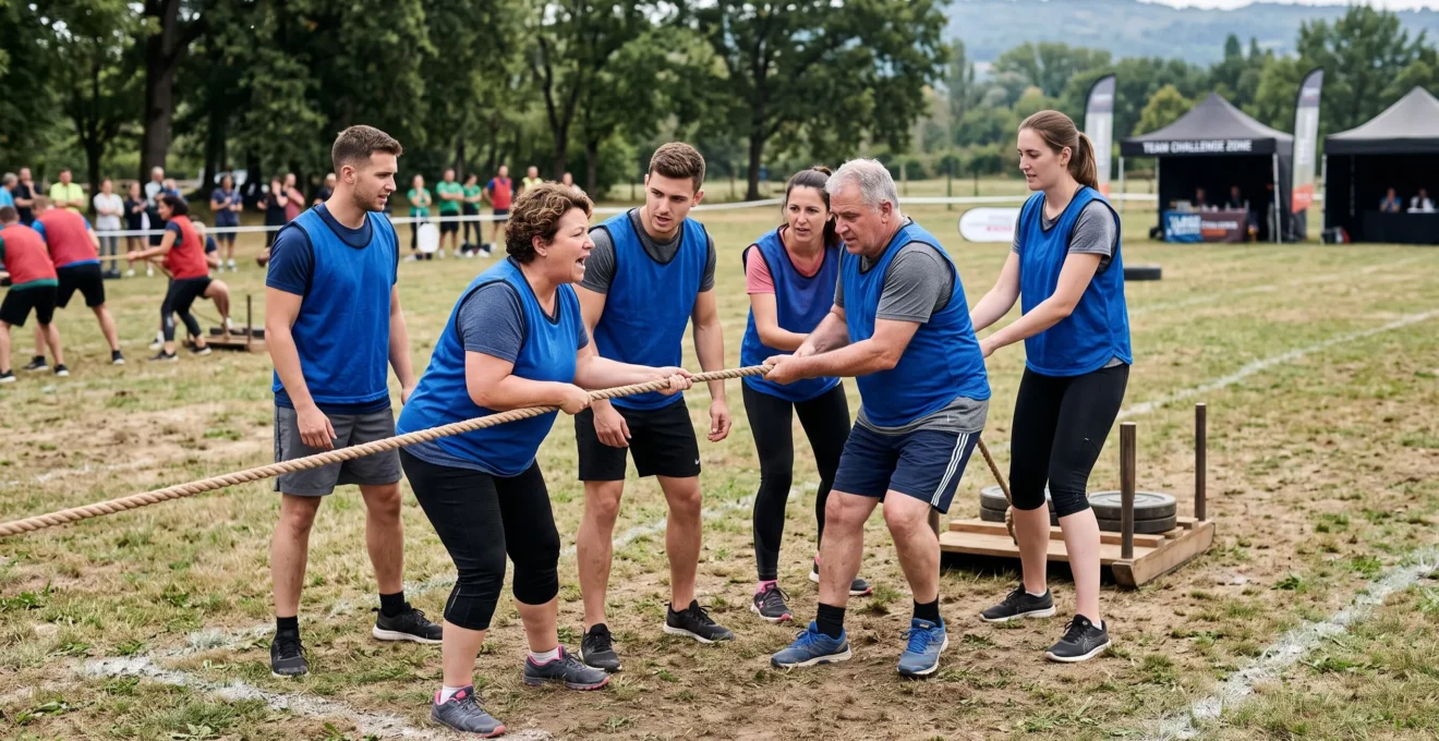 Équipe mixte aux profils physiques variés participant ensemble à une épreuve collaborative de tir à la corde