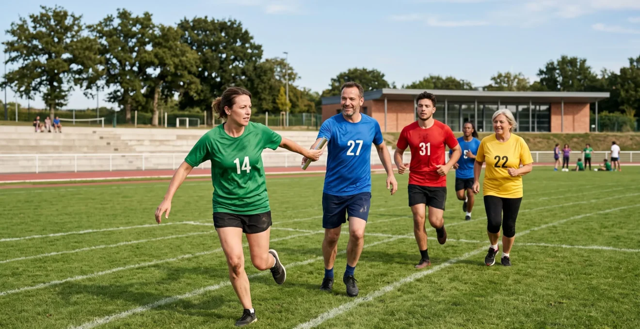 Équipe d'entreprise diversifiée participant à une course relais collaborative lors d'un challenge sportif en extérieur