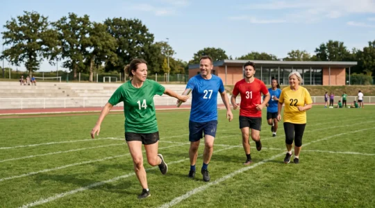 Équipe d'entreprise diversifiée participant à une course relais collaborative lors d'un challenge sportif en extérieur